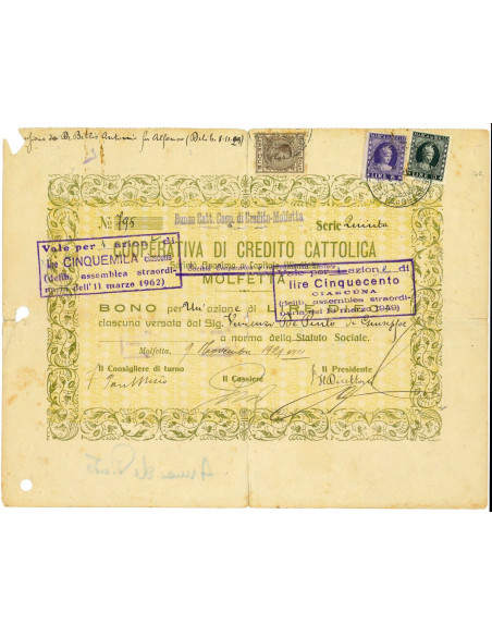 1929 - BANCA CATTOLICA COOPERATIVA DI CREDITO MOLFETTA BONO 1 AZIONE Lire 10
