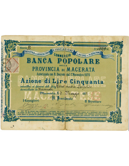 1872 - BANCA POPOLARE DELLA PROVINCIA DI MACERATA - 1 AZIONE