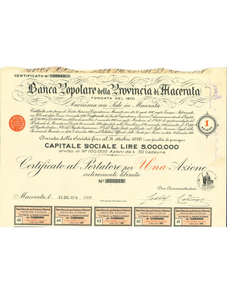 1922 - BANCA POPOLARE DELLA PROVINCIA DI MACERATA - 1 AZIONE