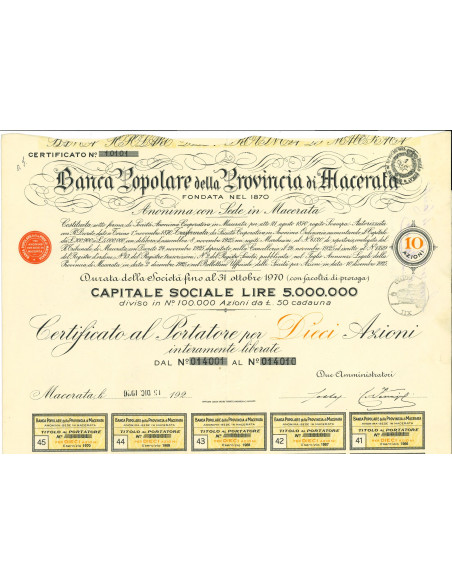 1922 - BANCA POPOLARE DELLA PROVINCIA DI MACERATA - 10 AZIONI