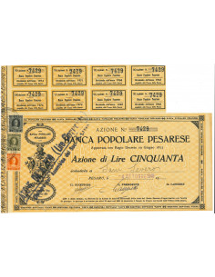 1948 - BANCA POPOLARE PESARESE AZIONE di Lire 50 - PESARO