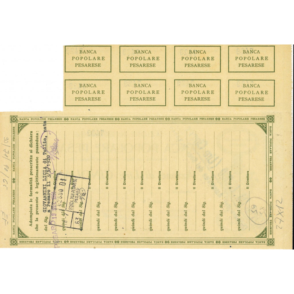1948 - BANCA POPOLARE PESARESE AZIONE di Lire...