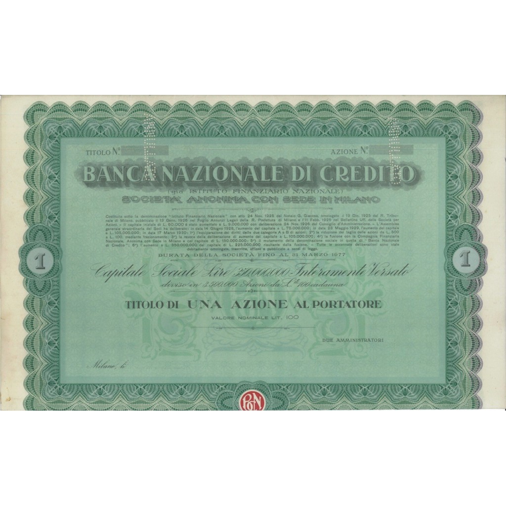 BANCA NAZIONALE DI CREDITO - UNA AZIONE MILANO 1925