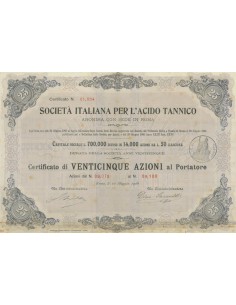 SOC. ITALIANA PER L'ACIDO TANNICO 25 AZIONI ROMA 1906