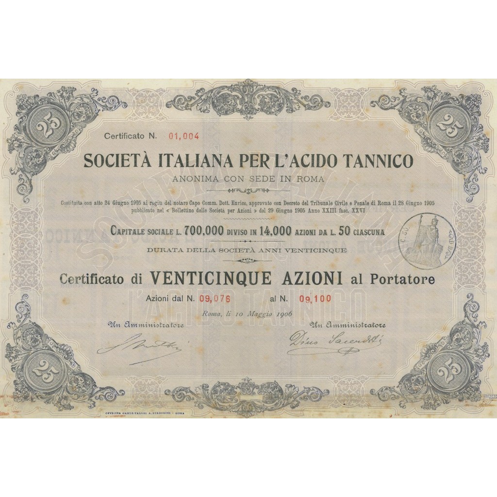 SOC. ITALIANA PER L'ACIDO TANNICO 25 AZIONI ROMA 1906