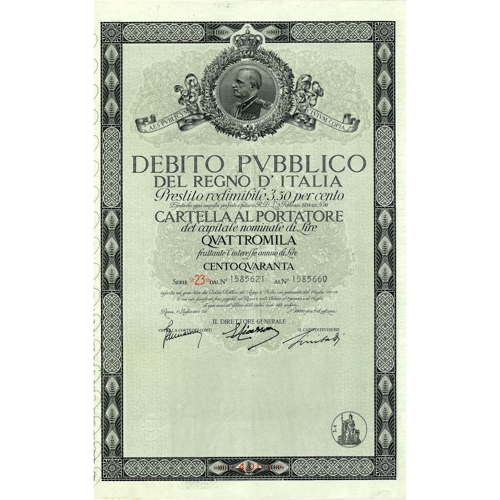1934 - PRESTITO REDIMIBILE 3,50% - LIRE 4.000...