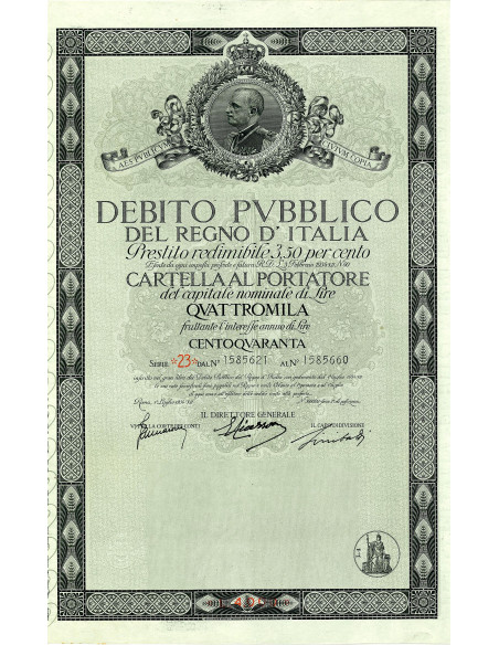 1934 - PRESTITO REDIMIBILE 3,50% - LIRE 4.000 (Vittorio Emanuele III)