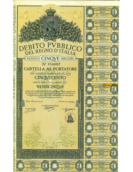 1935 - RENDITA 5% - CARTELLA 500 LIRE - ROMA  (blu, fondo verde)
