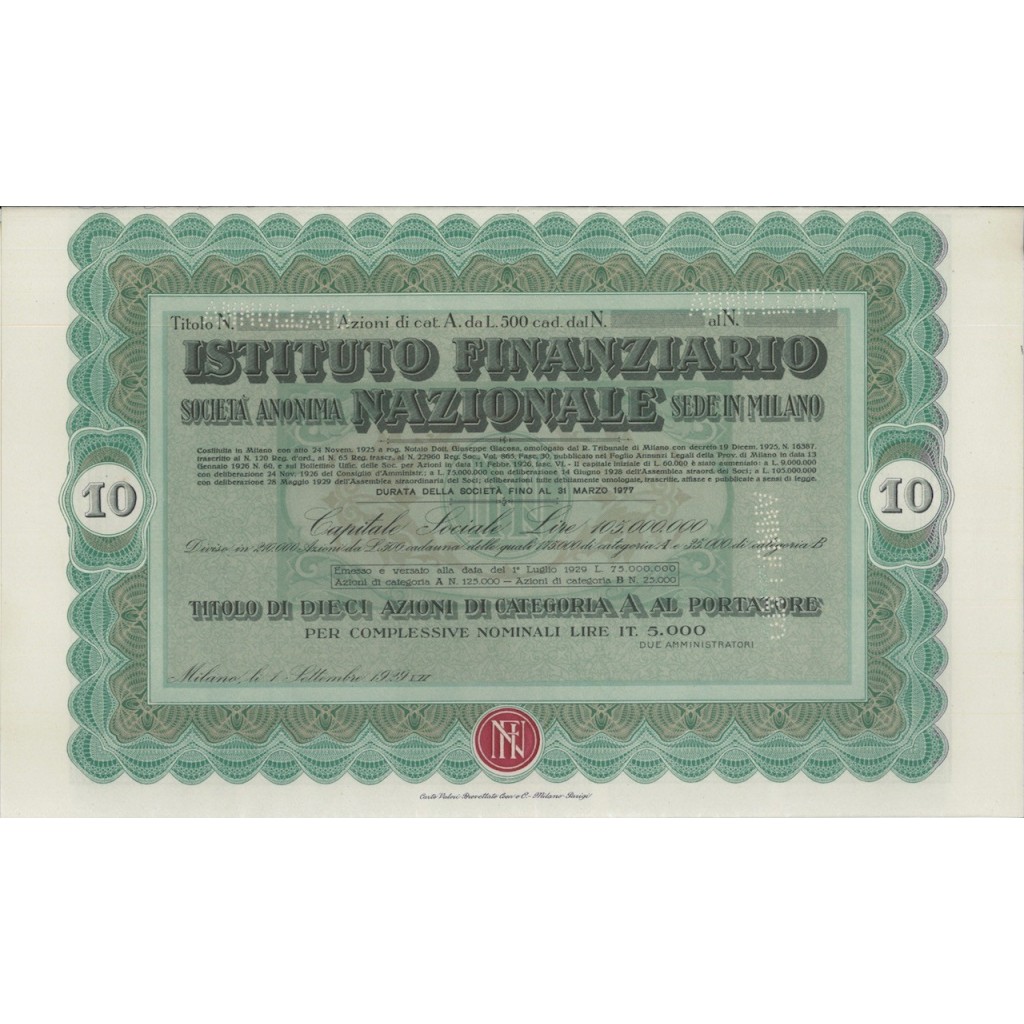 ISTITUTO FINANZIARIO SOC. ANON. NAZIONALE - 10 AZIONI MILANO 1929