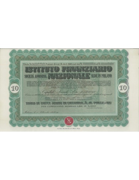 ISTITUTO FINANZIARIO SOC. ANON. NAZIONALE - 10 AZIONI MILANO 1929