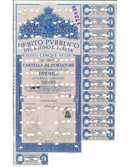 1950 - RENDITA 5% - CARTELLA 2.000 LIRE - ROMA  (blu, fondo rosa)