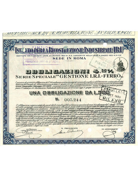 1937 - ISTITUTO PER LA RICOSTRUZIONE INDUSTRIALE (I.R.I.) 1 OBBLIGAZIONE  4,50% GESTIONE I.R.I. FERRO
