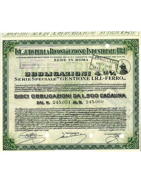 1937 - ISTITUTO PER LA RICOSTRUZIONE INDUSTRIALE (I.R.I.) 10 OBBLIGAZIONI  4,50% GESTIONE I.R.I. FERRO