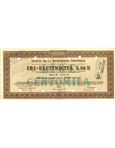 1957 - ISTITUTO PER LA RICOSTRUZIONE INDUSTRIALE (I.R.I.) ELETTRICITA' 199 OBBLIGAZIONI  5,50%