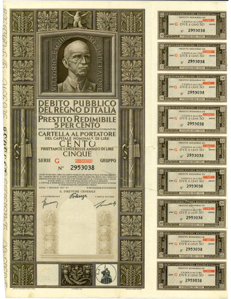 1937 - PRESTITO REDIMIBILE 5% - CARTELLA 100 LIRE SERIE G - ROMA (Vittorio Emanuele III, marrone)