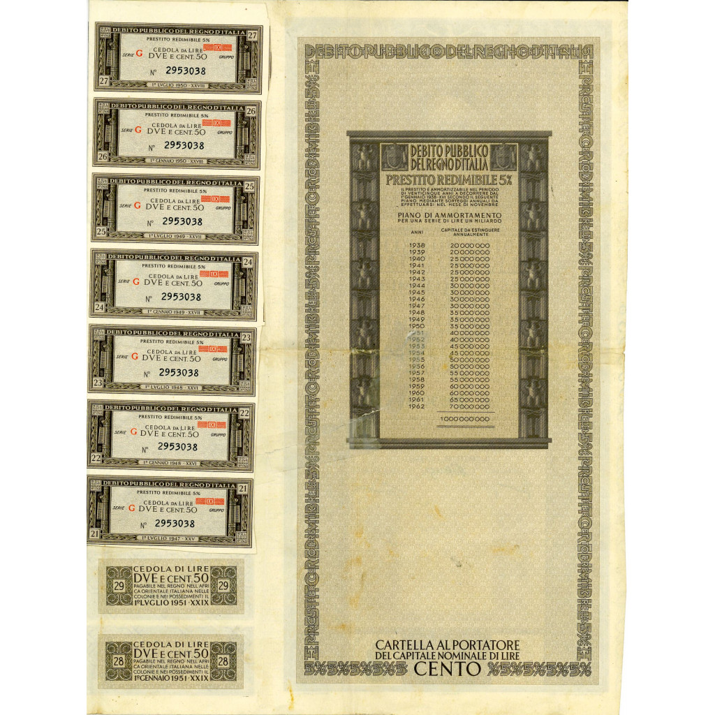 1937 - PRESTITO REDIMIBILE 5% - CARTELLA 100...