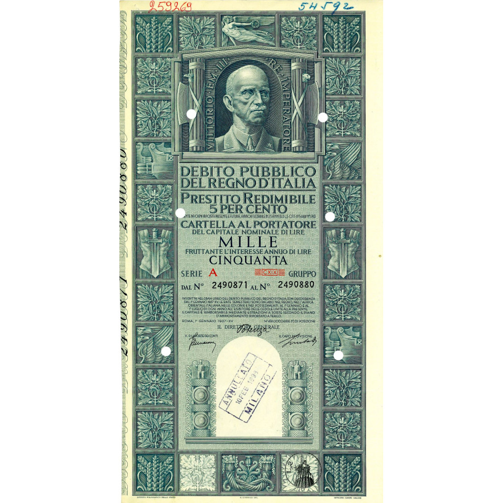 1937 - PRESTITO REDIMIBILE 5% - CARTELLA 1.000...