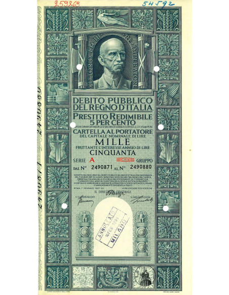 1937 - PRESTITO REDIMIBILE 5% - CARTELLA 1.000 LIRE SERIE A - ROMA (Vittorio Emanuele III, grigio)