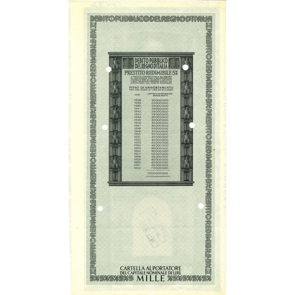 1937 - PRESTITO REDIMIBILE 5% - CARTELLA 1.000...
