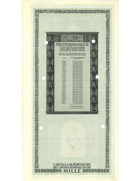 1937 - PRESTITO REDIMIBILE 5% - CARTELLA 1.000 LIRE SERIE A - ROMA (Vittorio Emanuele III, grigio)