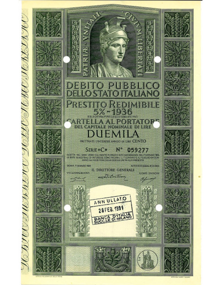 1955 - PRESTITO REDIMIBILE 5% - CARTELLA 2.000 LIRE SERIE C - ROMA (Italia elmata, grigio)