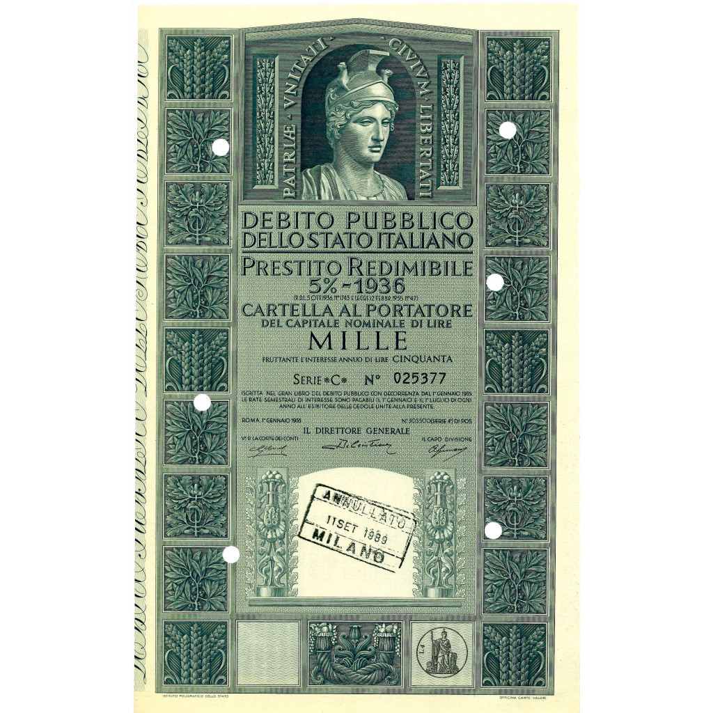 1955 - PRESTITO REDIMIBILE 5% - CARTELLA 1.000...
