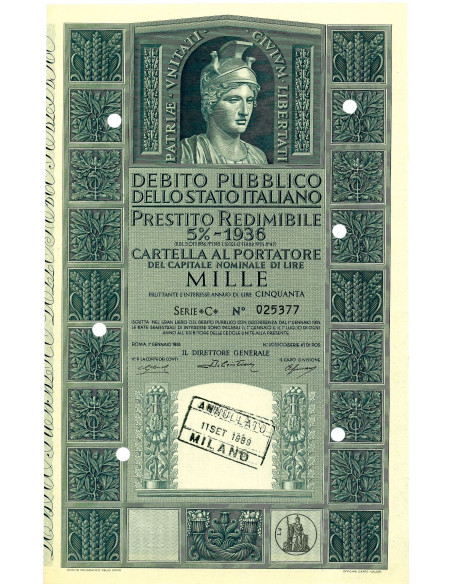 1955 - PRESTITO REDIMIBILE 5% - CARTELLA 1.000 LIRE SERIE C - ROMA (Italia elmata, grigio verde)