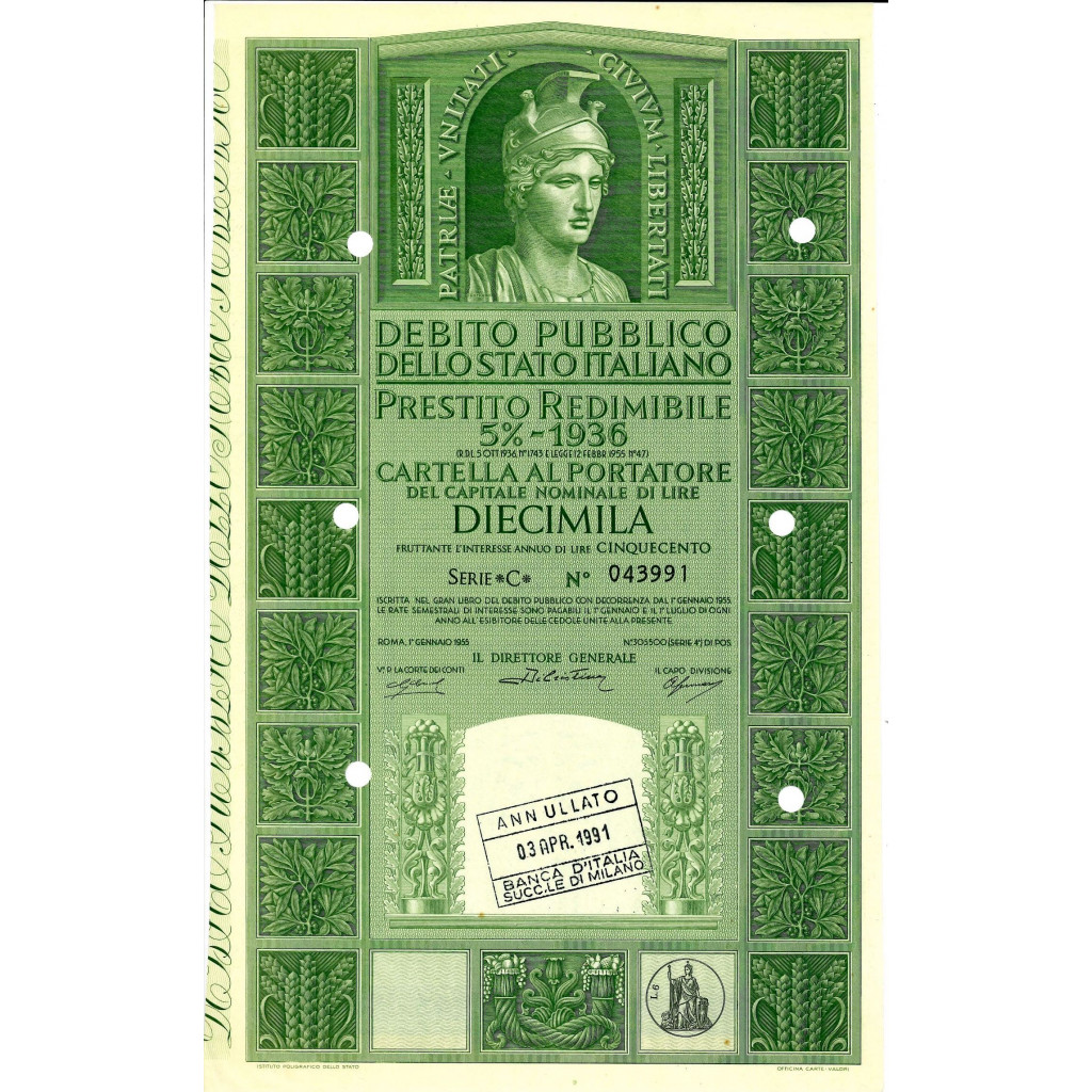 1955 - PRESTITO REDIMIBILE 5% - CARTELLA 10.000...