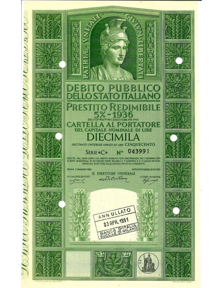 1955 - PRESTITO REDIMIBILE 5% - CARTELLA 10.000 LIRE SERIE C - ROMA (Italia elmata, verde)