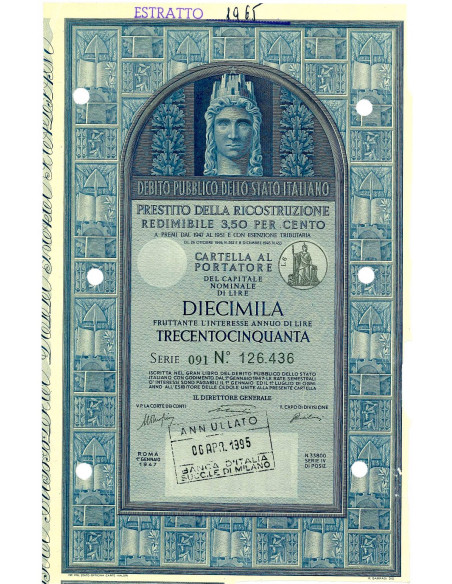 1947 - PRESTITO DELLA RICOSTRUZIONE REDIMIBILE 3,5% - CARTELLA 10.000 LIRE - ROMA NON ANNULLATO (Italia turrita, blu)