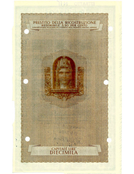 1947 - PRESTITO DELLA RICOSTRUZIONE REDIMIBILE 3,5% - CARTELLA 10.000 LIRE - ROMA NON ANNULLATO (Italia turrita, blu)