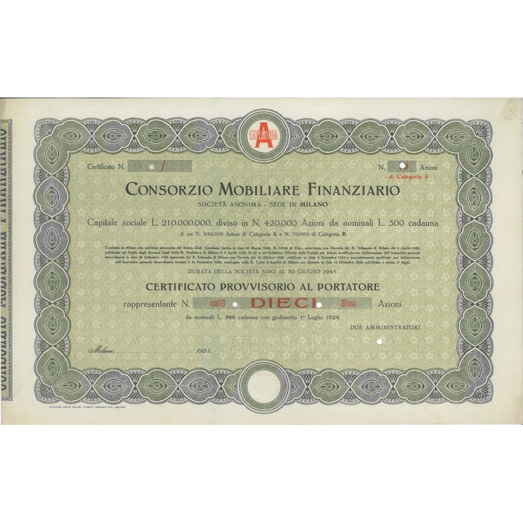 CONSORZIO MOBILIARE FINANZIARIO - 10 AZIONI MILANO 1925