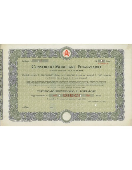 CONSORZIO MOBILIARE FINANZIARIO - 10 AZIONI MILANO 1925