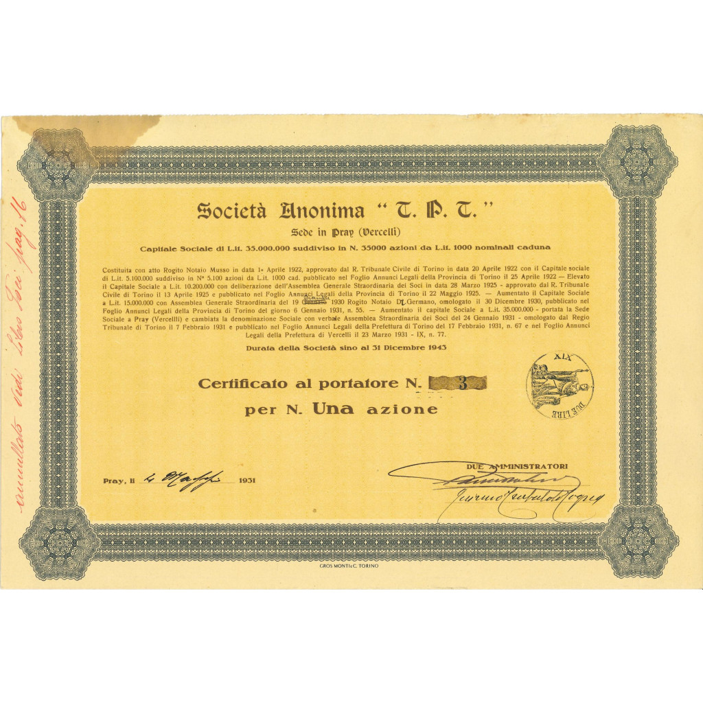 1931 - T.P.T. Soc. Anon.  1 Azione - SEDE IN...