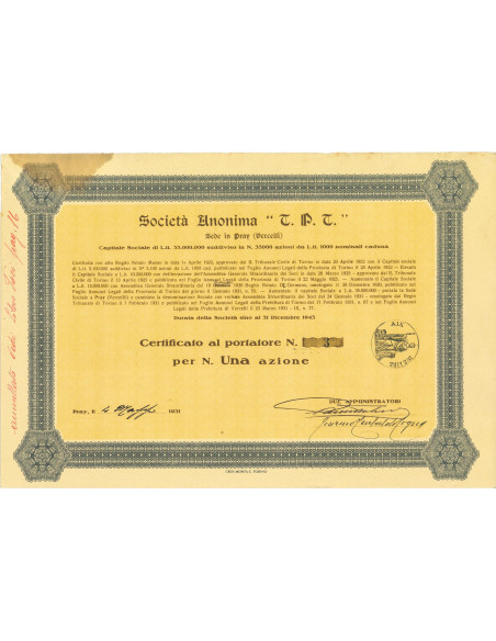 1931 - T.P.T. Soc. Anon.  1 Azione - SEDE IN PRAY (VERCELLI)