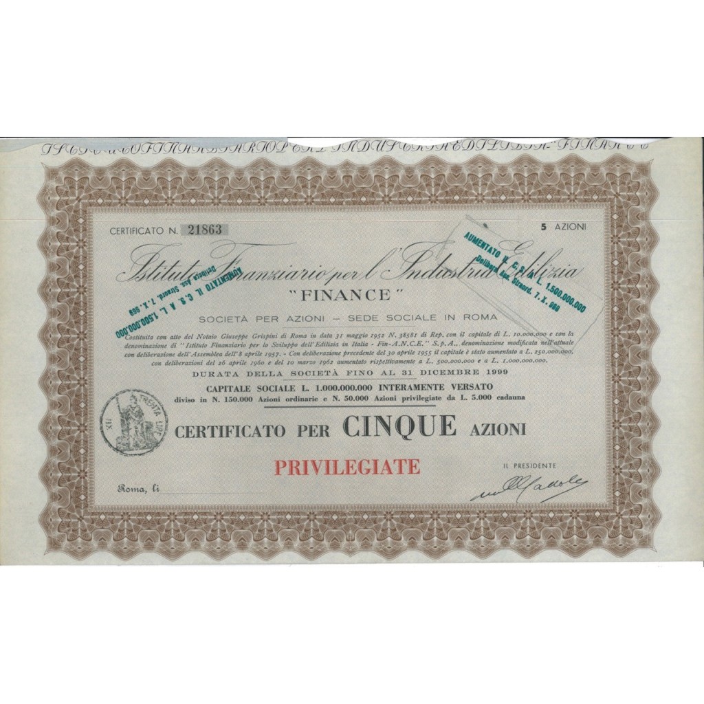 ISTITUTO FINANZIARIO PER L'INDUSTRIA EDILIZIA - 5 AZIONI ROMA 1952