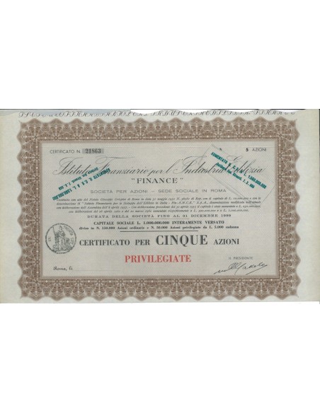 ISTITUTO FINANZIARIO PER L'INDUSTRIA EDILIZIA - 5 AZIONI ROMA 1952