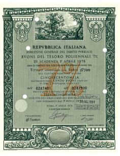 1974 - BUONI DEL TESORO POLIENNALI 7% - 500.000 LIRE -...