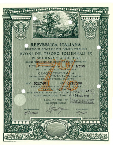 1974 - BUONI DEL TESORO POLIENNALI 7% - 500.000 LIRE - ROMA (Scena rurale, grigio)