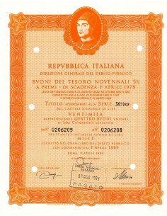 1969 - BUONI DEL TESORO NOVENNALI 5% - 20.000 LIRE - ROMA...