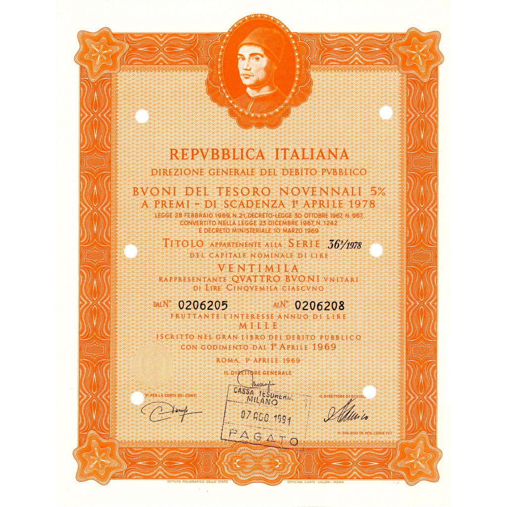 1969 - BUONI DEL TESORO NOVENNALI 5% - 20.000...