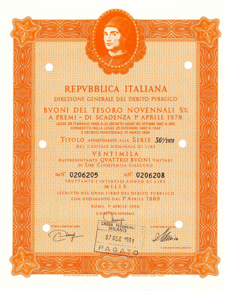 1969 - BUONI DEL TESORO NOVENNALI 5% - 20.000 LIRE - ROMA (Ritratto d'uomo di A. Messina, arancione)