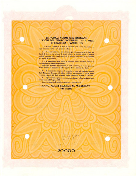 1969 - BUONI DEL TESORO NOVENNALI 5% - 20.000 LIRE - ROMA (Ritratto d'uomo di A. Messina, arancione)