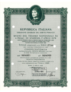1969 - BUONI DEL TESORO NOVENNALI 5% - 500.000 LIRE -...