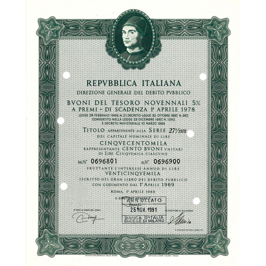 1969 - BUONI DEL TESORO NOVENNALI 5% - 500.000...