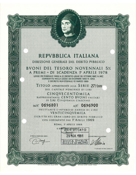 1969 - BUONI DEL TESORO NOVENNALI 5% - 500.000 LIRE - ROMA (Ritratto d'uomo di A. Messina, verde)