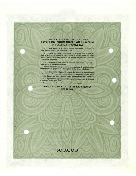 1969 - BUONI DEL TESORO NOVENNALI 5% - 500.000 LIRE - ROMA (Ritratto d'uomo di A. Messina, verde)