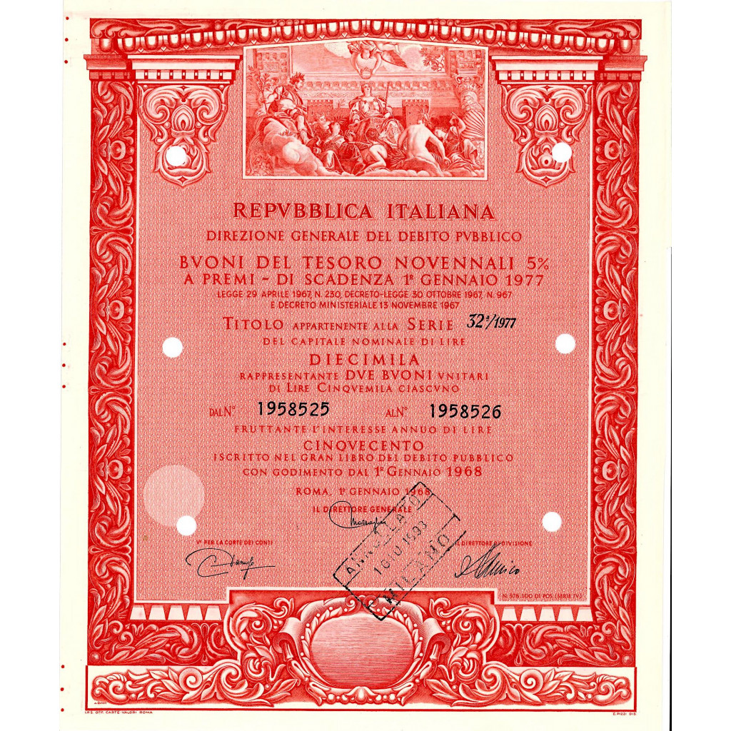 1968 - BUONI DEL TESORO NOVENNALI 5% - 10.000...