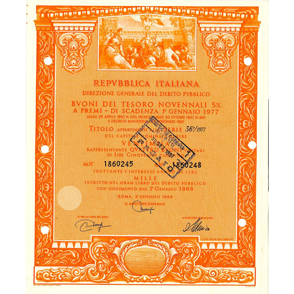 1968 - BUONI DEL TESORO NOVENNALI 5% - 20.000...