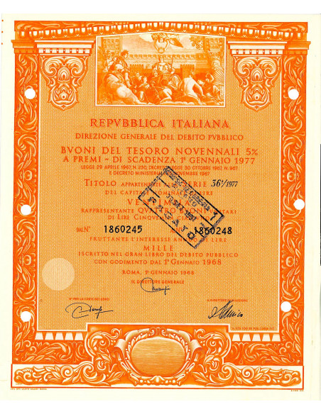 1968 - BUONI DEL TESORO NOVENNALI 5% - 20.000 LIRE - ROMA (Allegoria di Venezia, arancione)